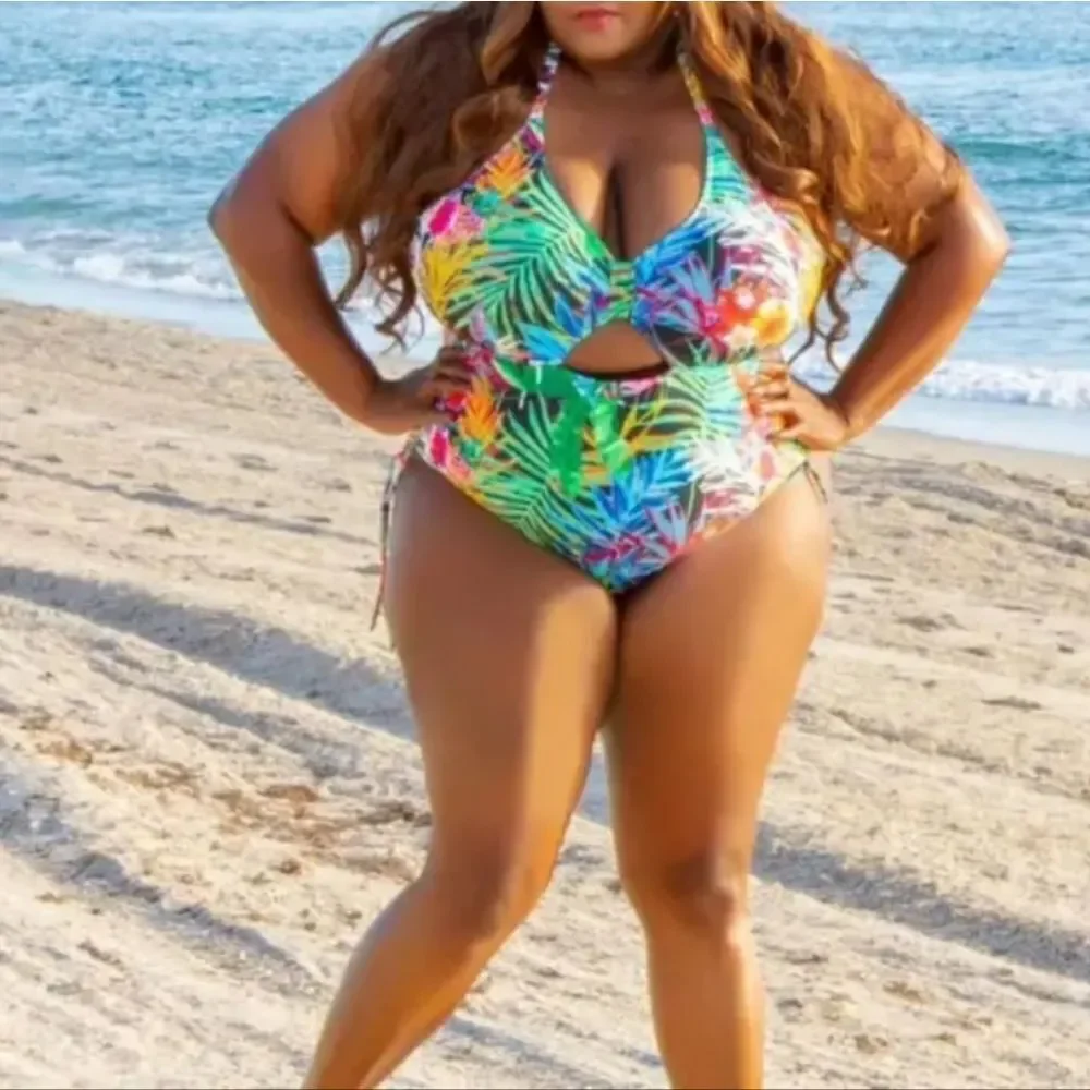 Plus Size Tropical Print Drawstring Cut Out One Piece Swimsuit sz 1X